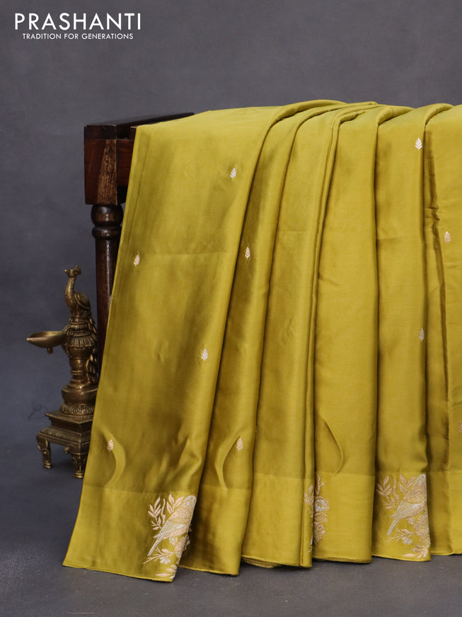 Mushru silk saree lime yellow with zari woven buttas and zari woven butta border