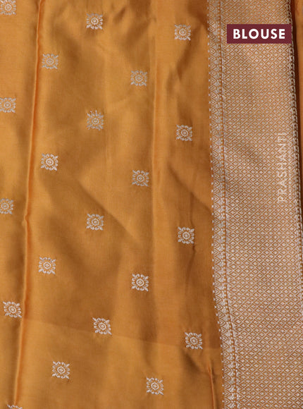 Mushru silk saree dark mustard with silver & gold zari woven buttas and zari woven butta border