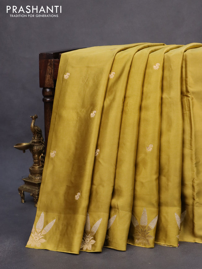 Mushru silk saree mustard green with zari woven buttas and zari woven butta border