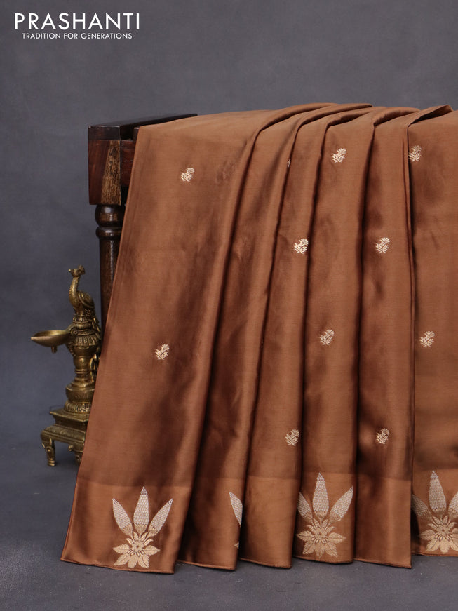 Mushru silk saree brown shade with zari woven buttas and zari woven butta border