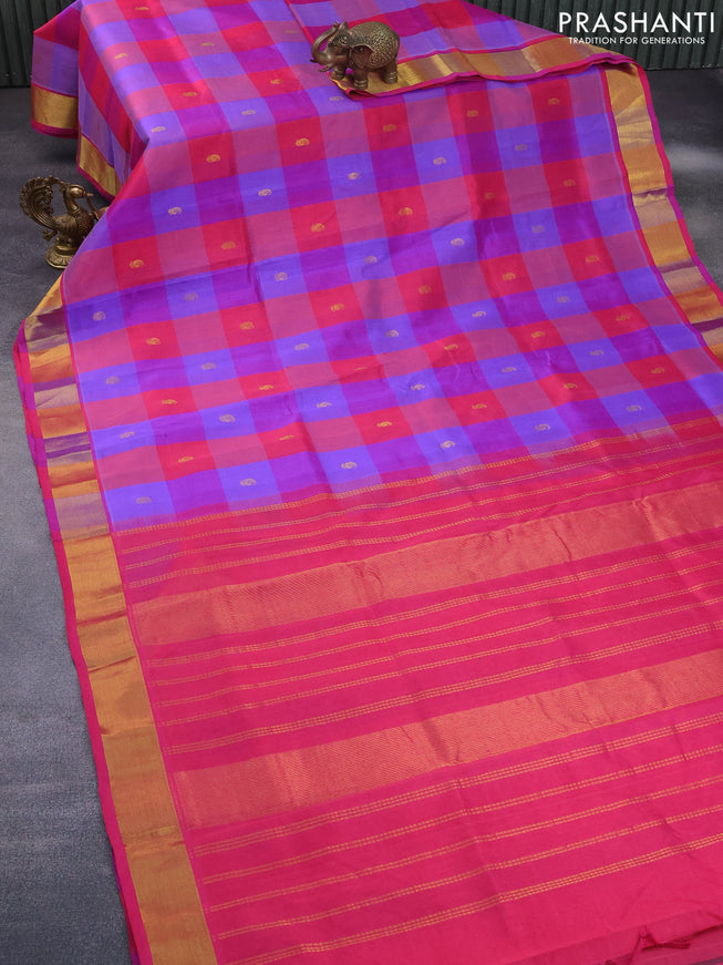 Silk cotton saree multi colour and pink with allover paalum pazhamum checks & paisley buttas and zari woven border