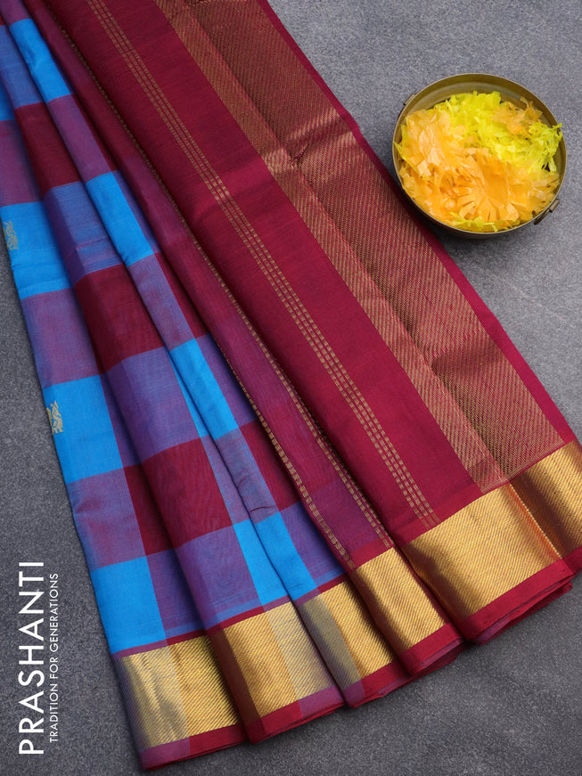 Silk cotton saree cs blue and maroon with allover paalum pazhamum checks & annam buttas and zari woven border