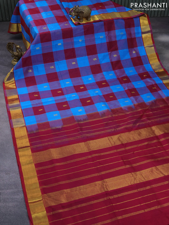 Silk cotton saree cs blue and maroon with allover paalum pazhamum checks & annam buttas and zari woven border