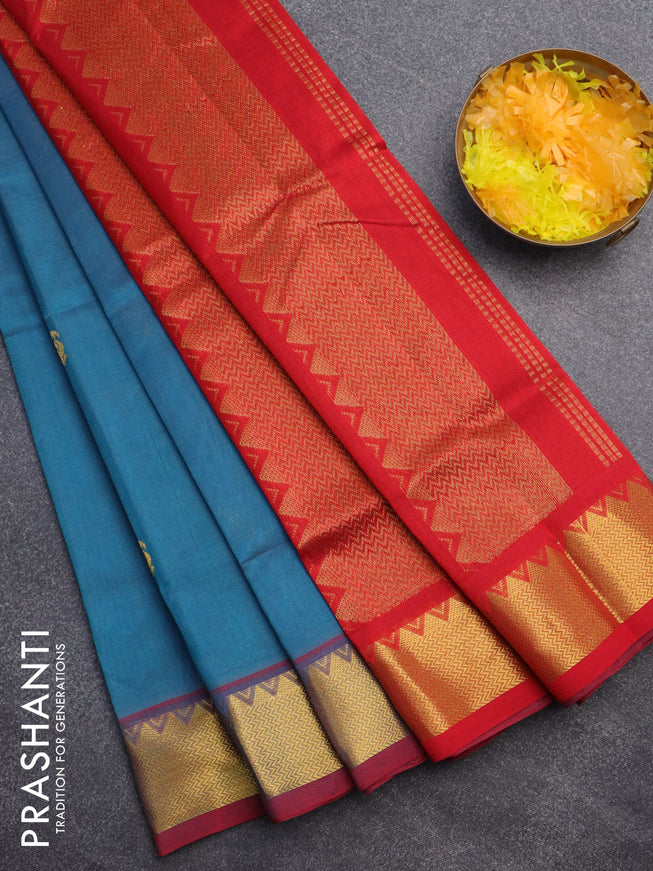 Silk cotton saree cs blue and red with zari woven buttas and zari woven border