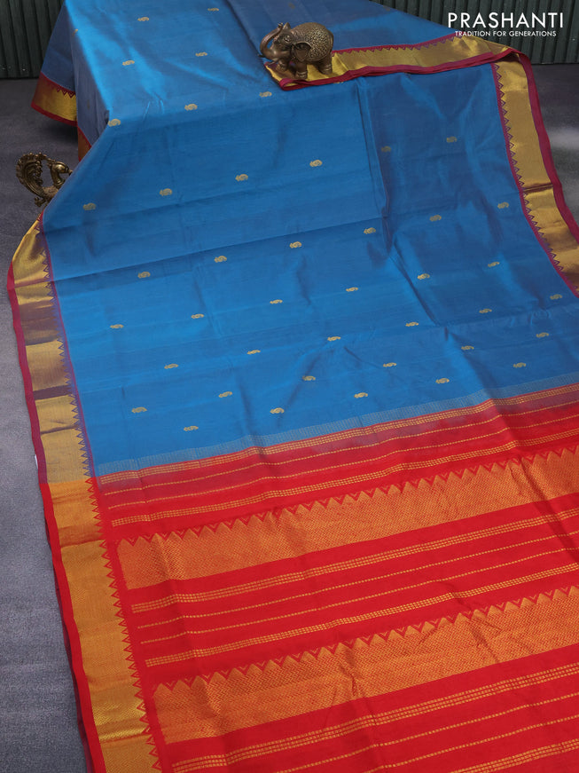 Silk cotton saree cs blue and red with zari woven buttas and zari woven border