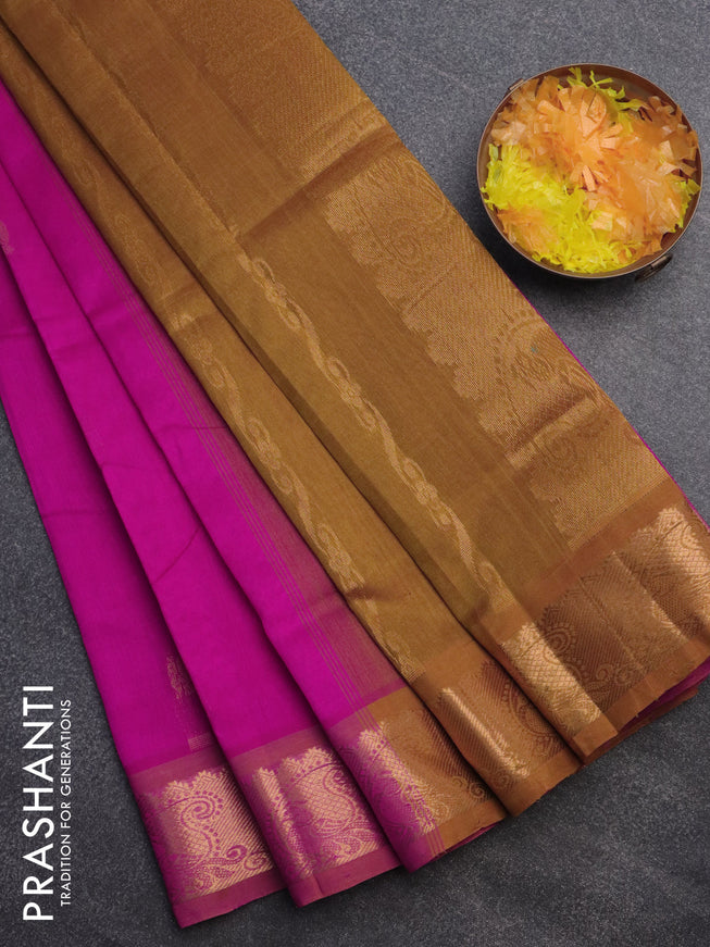 Silk cotton saree pink and dark mustard with annam zari woven buttas and paisley zari woven border