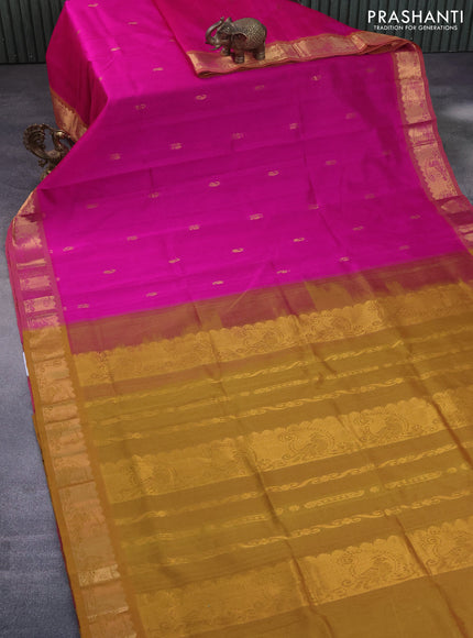 Silk cotton saree pink and dark mustard with annam zari woven buttas and paisley zari woven border