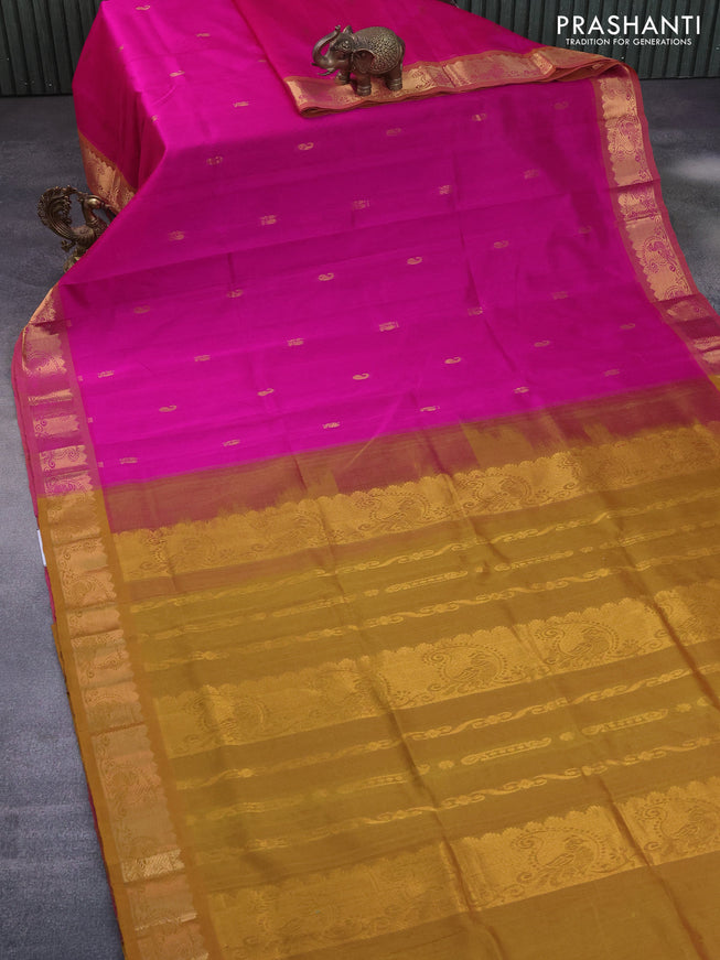 Silk cotton saree pink and dark mustard with annam zari woven buttas and paisley zari woven border