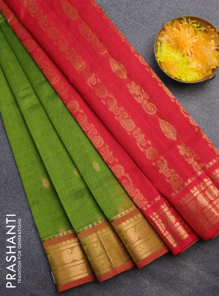 Silk cotton saree mehendi green and red with annam & rudhraksha zari woven buttas and zari woven border