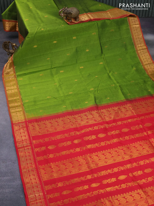 Silk cotton saree mehendi green and red with annam & rudhraksha zari woven buttas and zari woven border