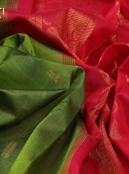 Silk cotton saree mehendi green and red with annam & rudhraksha zari woven buttas and zari woven border