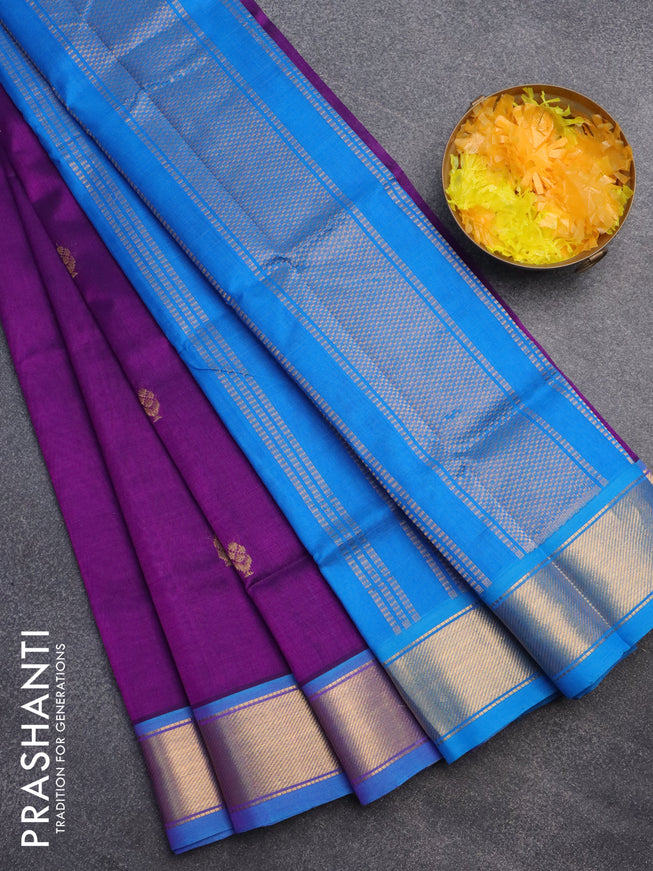 Silk cotton saree purple and cs blue with zari woven buttas and zari woven border