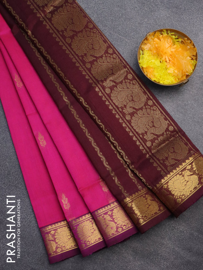 Silk cotton saree pink and coffee brown with zari woven buttas and annam zari woven border