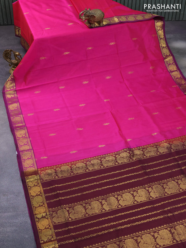 Silk cotton saree pink and coffee brown with zari woven buttas and annam zari woven border