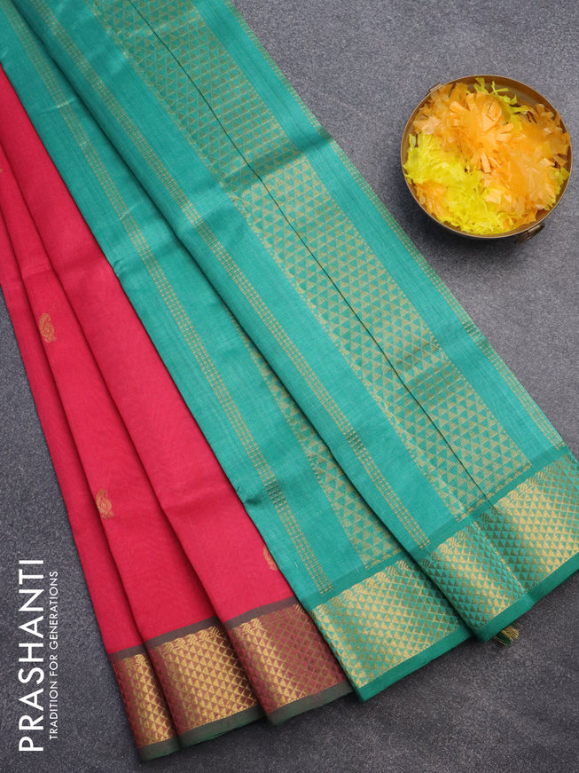 Silk cotton saree pink shade and teal green shade with paisley zari woven buttas and zari woven border