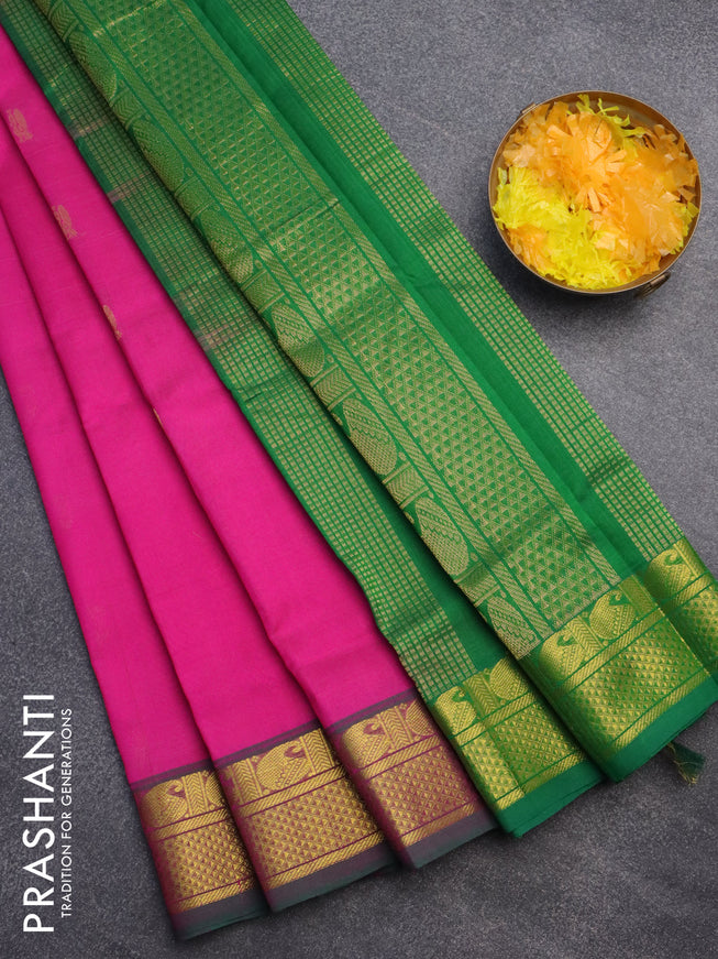 Silk cotton saree pink and green with annam & rudhraksha zari woven buttas and zari woven border