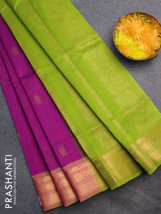 Silk cotton saree purple and light green with zari woven buttas and rich zari woven border