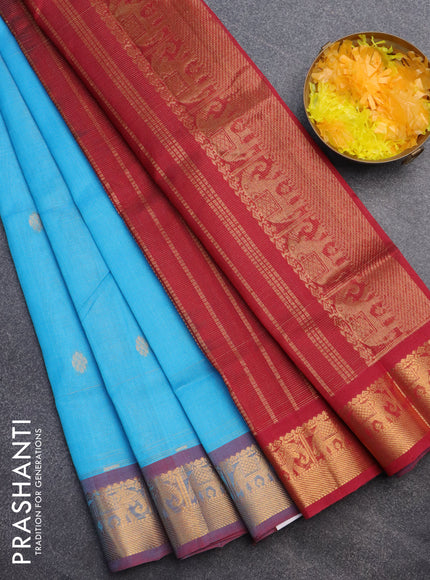 Silk cotton saree light blue and maroon with allover vairaosi pattern & buttas and elephant zari woven border