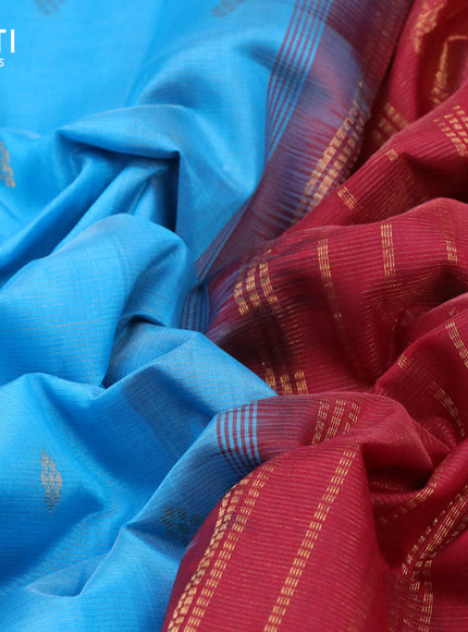 Silk cotton saree light blue and maroon with allover vairaosi pattern & buttas and elephant zari woven border