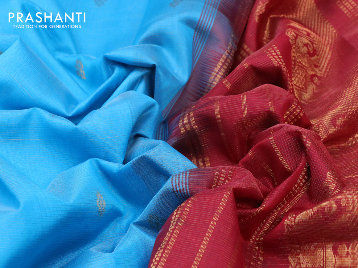 Silk cotton saree light blue and maroon with allover vairaosi pattern & buttas and elephant zari woven border