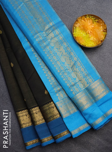 Silk cotton saree black and cs blue with allover vairaosi pattern & tilak buttas and rettapet zari woven border