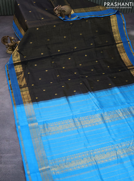 Silk cotton saree black and cs blue with allover vairaosi pattern & tilak buttas and rettapet zari woven border