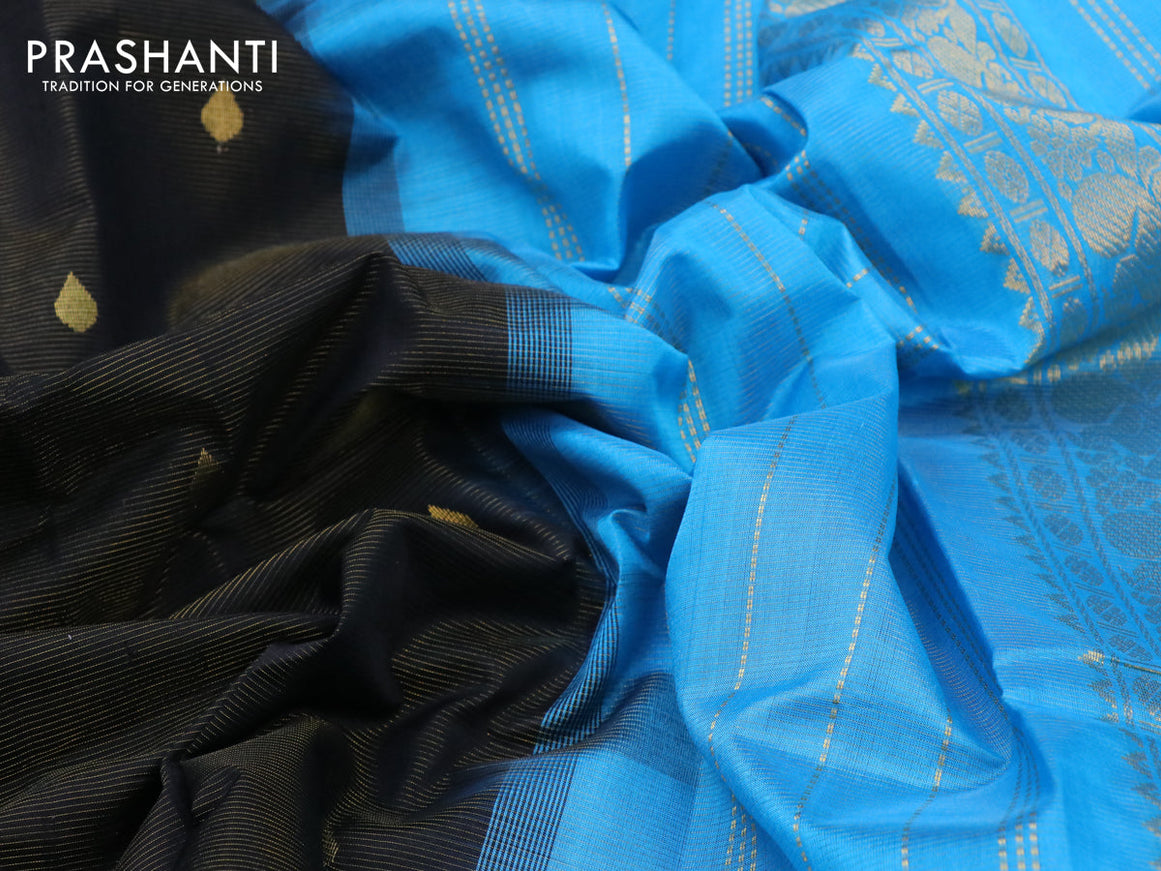 Silk cotton saree black and cs blue with allover vairaosi pattern & tilak buttas and rettapet zari woven border