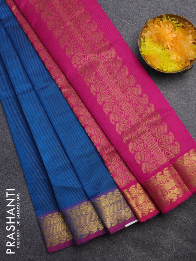 Silk cotton saree cs blue and pink with allover vairaosi pattern and zari woven border