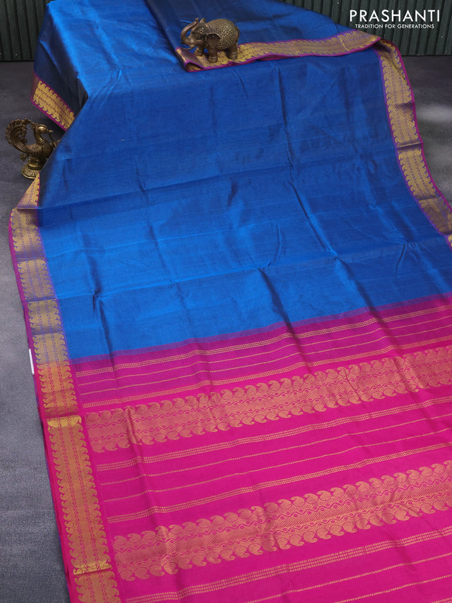 Silk cotton saree cs blue and pink with allover vairaosi pattern and zari woven border