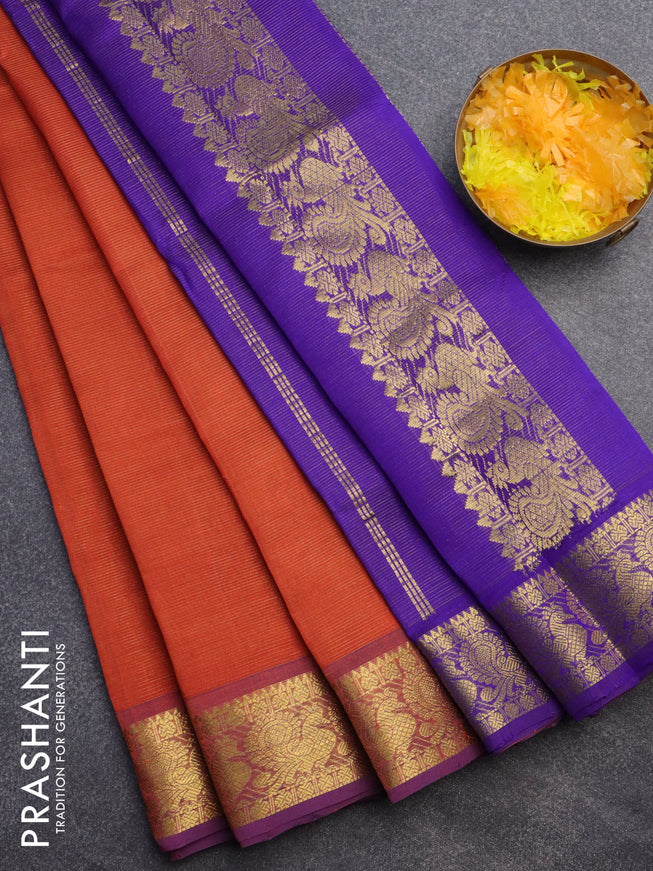 Silk cotton saree orange and blue with allover vairaosi pattern and annnam zari woven border