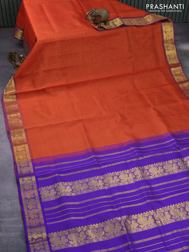 Silk cotton saree orange and blue with allover vairaosi pattern and annnam zari woven border