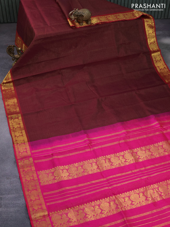 Silk cotton saree deep maroon and pink with allover vairaosi pattern and annnam zari woven border