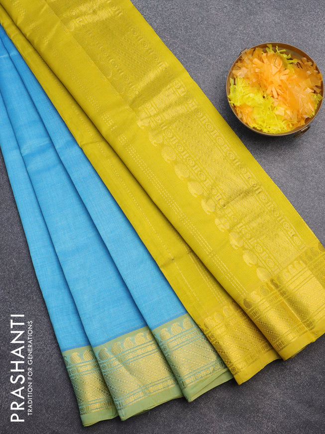 Silk cotton saree light blue and yellow with allover vairaosi pattern and paisley zari woven border