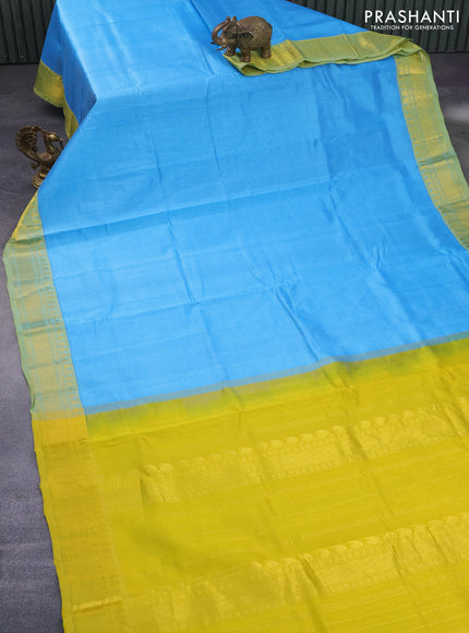 Silk cotton saree light blue and yellow with allover vairaosi pattern and paisley zari woven border