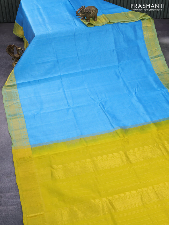 Silk cotton saree light blue and yellow with allover vairaosi pattern and paisley zari woven border