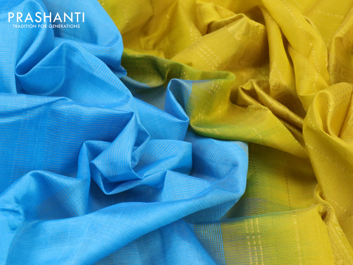 Silk cotton saree light blue and yellow with allover vairaosi pattern and paisley zari woven border