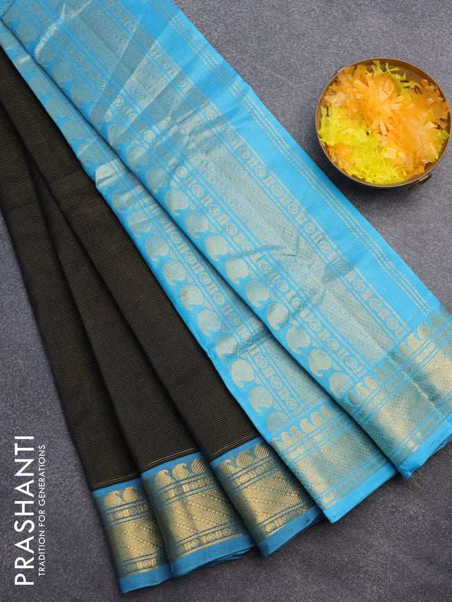 Silk cotton saree black and light blue with allover vairaosi pattern and paisley zari woven border