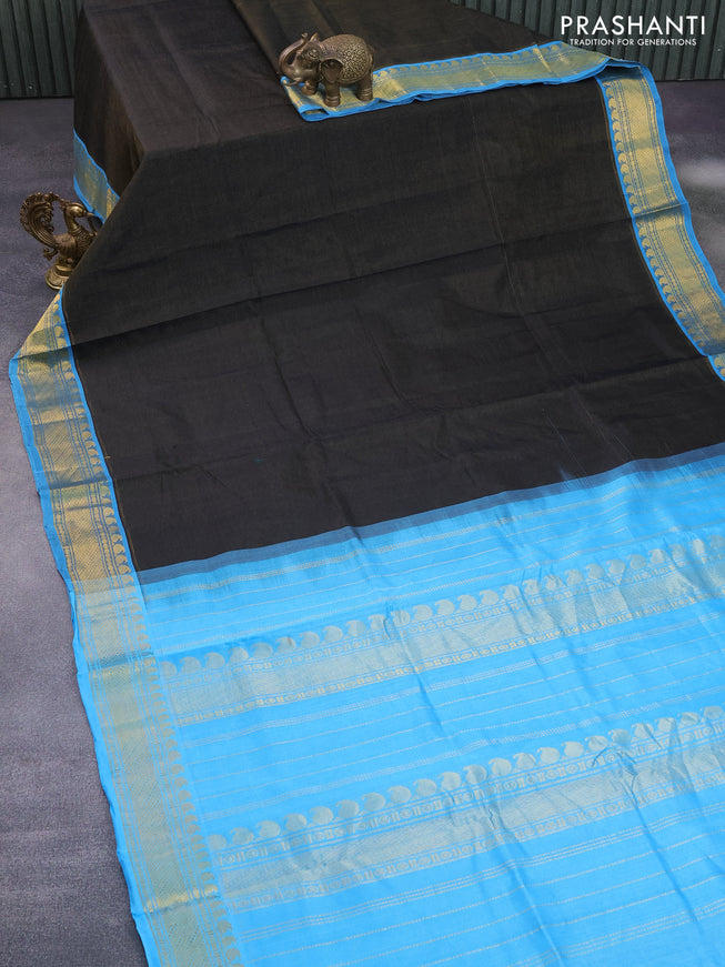 Silk cotton saree black and light blue with allover vairaosi pattern and paisley zari woven border