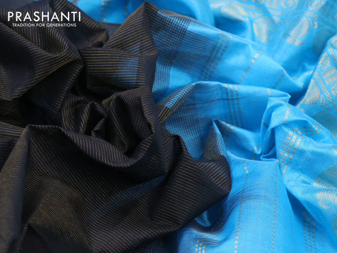 Silk cotton saree black and light blue with allover vairaosi pattern and paisley zari woven border