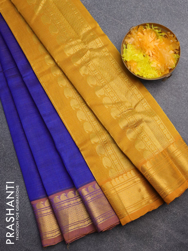 Silk cotton saree blue and mustard yellow with allover vairaosi pattern and paisley zari woven border