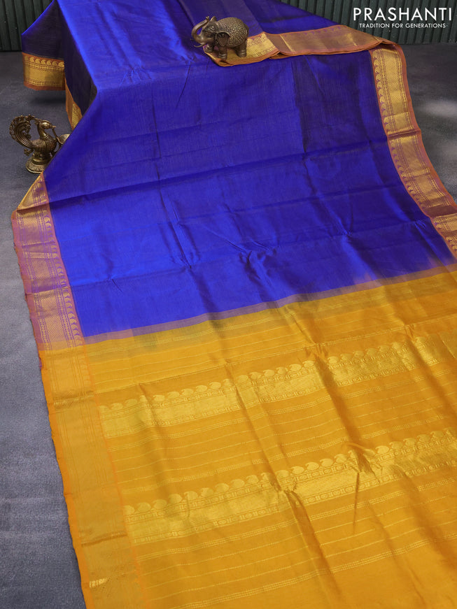 Silk cotton saree blue and mustard yellow with allover vairaosi pattern and paisley zari woven border