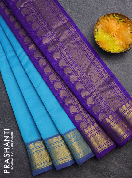 Silk cotton saree light blue and blue with allover vairaosi pattern and paisley zari woven border