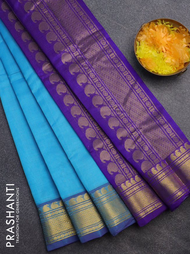 Silk cotton saree light blue and blue with allover vairaosi pattern and paisley zari woven border