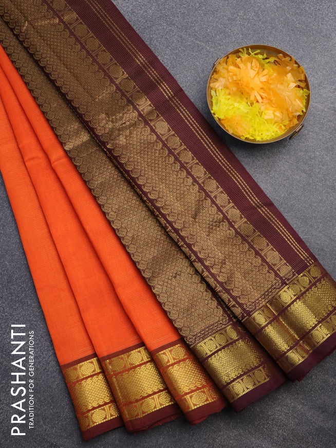 Silk cotton saree orange and coffee brown with allover vairaosi pattern and rudhraksha zari woven border