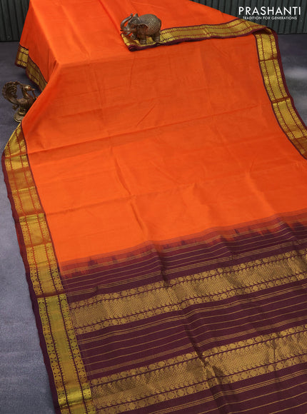 Silk cotton saree orange and coffee brown with allover vairaosi pattern and rudhraksha zari woven border