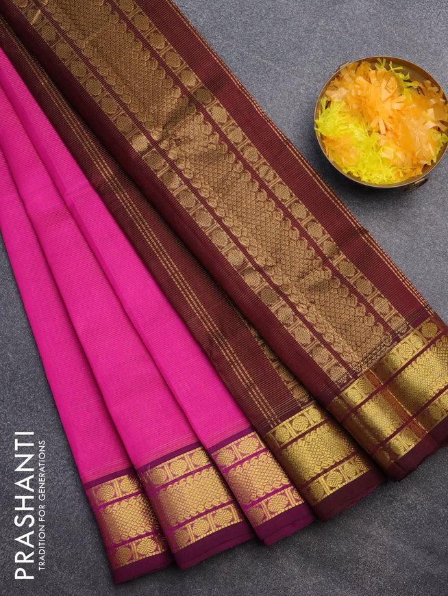 Silk cotton saree pink and deep maroon with allover vairaosi pattern and rudhraksha zari woven border