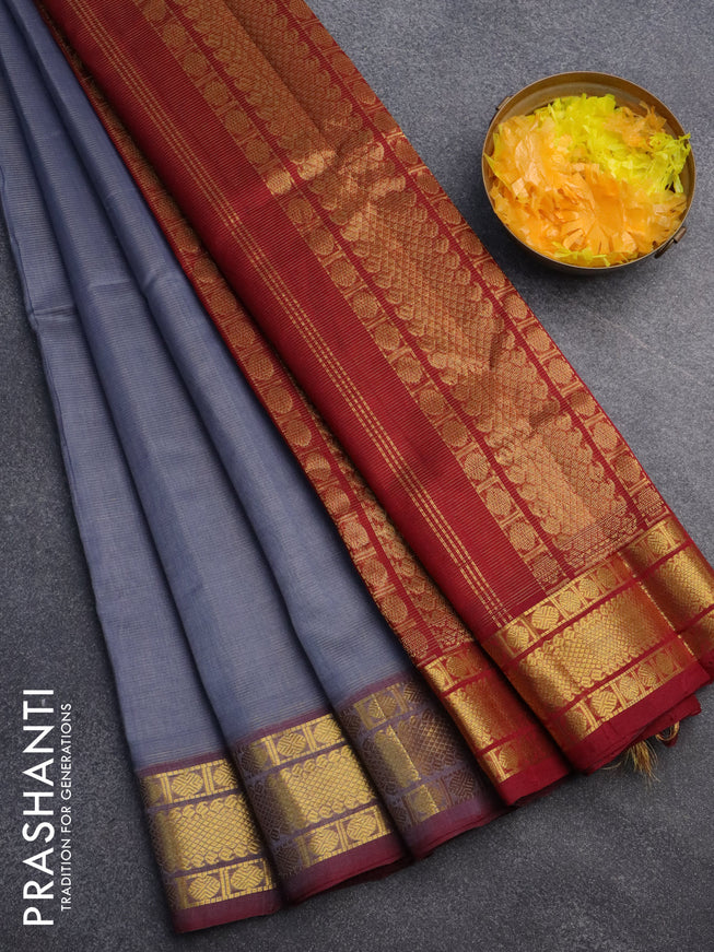 Silk cotton saree grey and maroon with allover vairaosi pattern and rudhraksha zari woven border