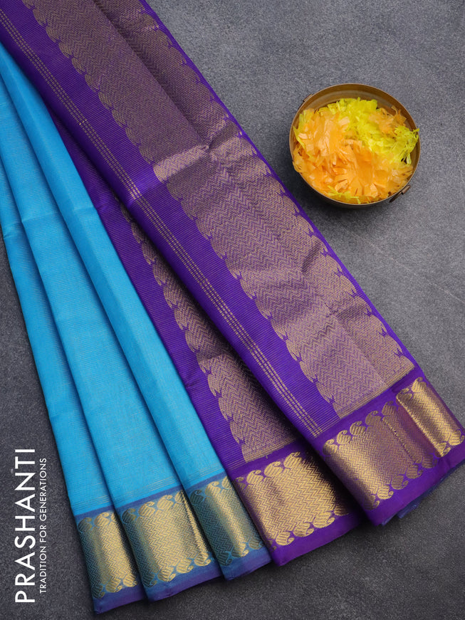 Silk cotton saree light blue and violet shade with allover vairaosi pattern and zari woven border