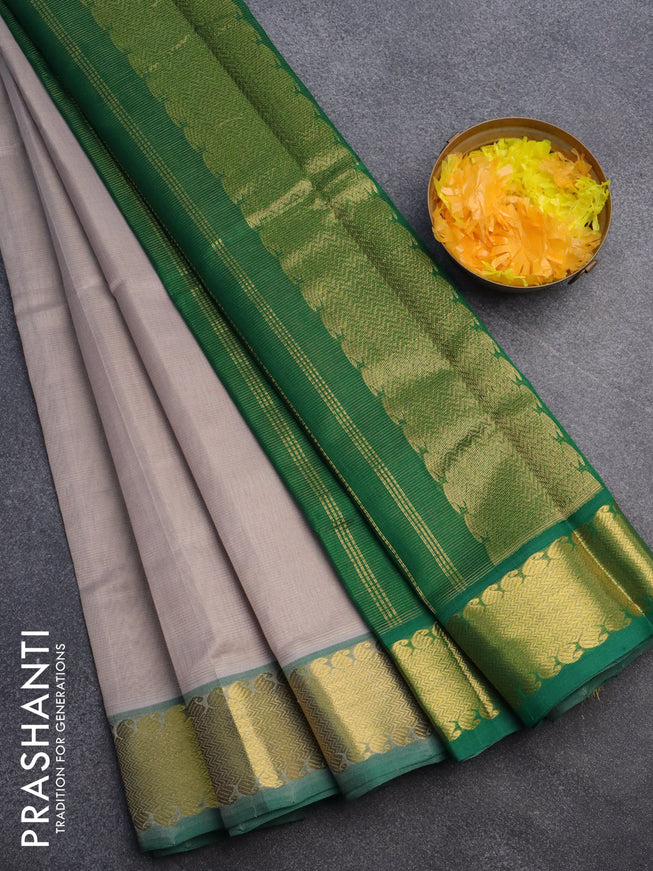 Silk cotton saree pastel grey and green with allover vairaosi pattern and zari woven border