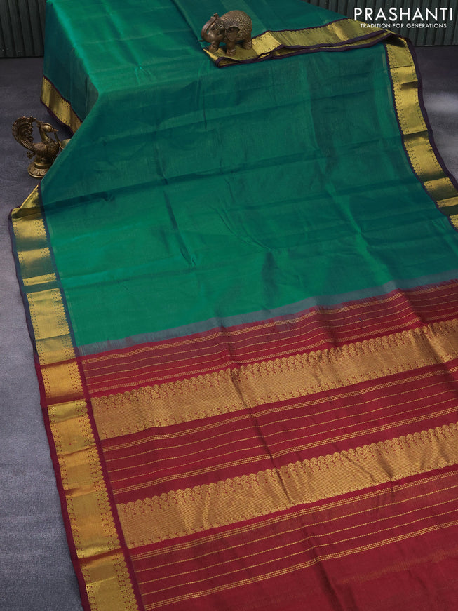 Silk cotton saree teal green and maroon with allover vairaosi pattern and zari woven border